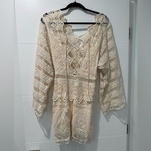 Jen’s Pirate Booty Beige Crochet Mini Dress with Long Sleeves